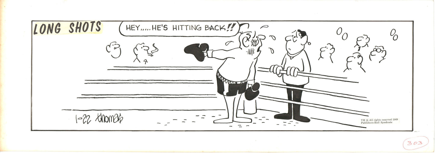 Fred Thomas Signed Long Shots Original Comic Art Strip Panel Cartoon about Boxing b4124