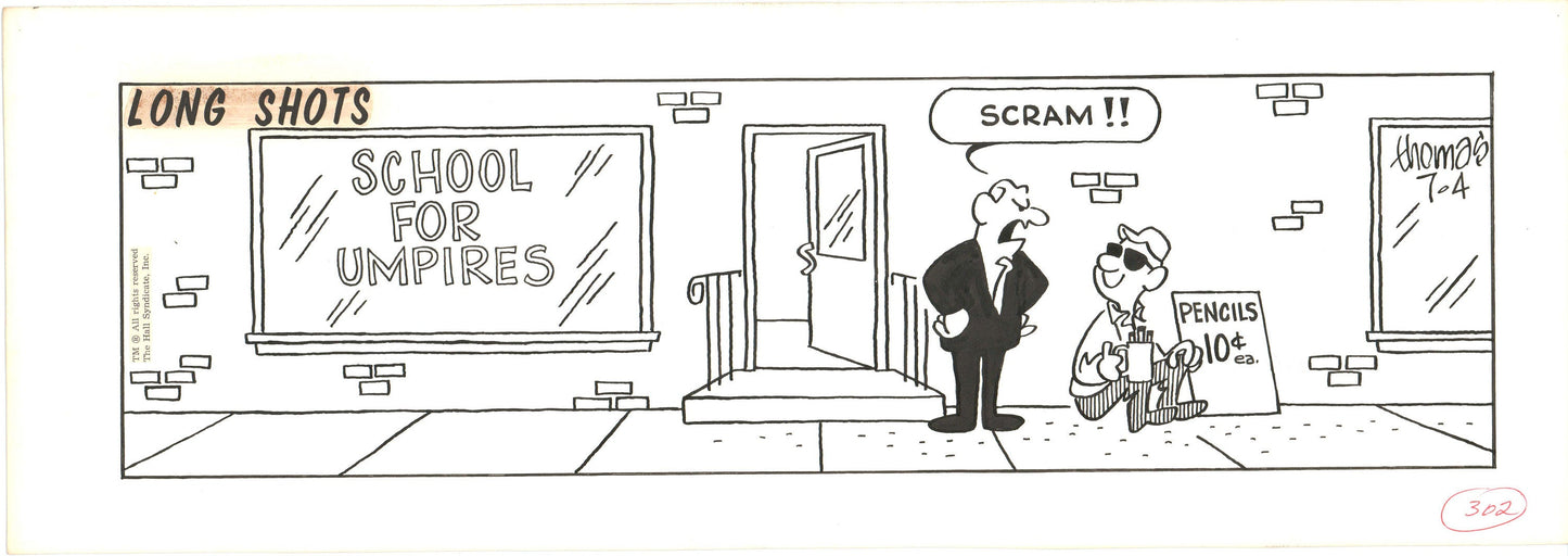 Fred Thomas Signed Long Shots Original Comic Art Strip Panel Cartoon about baseball b4174