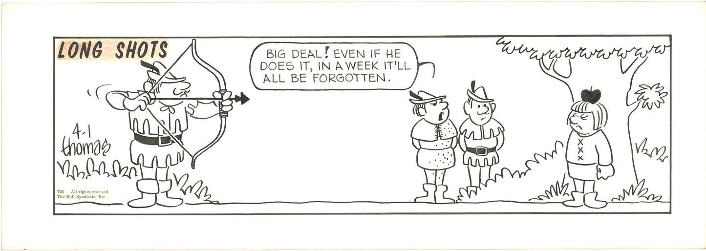 Fred Thomas Signed Long Shots Original Comic Art Strip Panel Cartoon about archery b4177