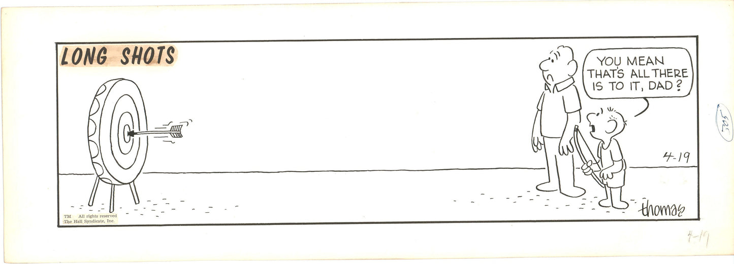 Fred Thomas Signed Long Shots Original Comic Art Strip Panel Cartoon about archery b4178