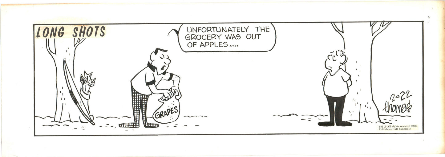 Fred Thomas Signed Long Shots Original Comic Art Strip Panel Cartoon about archery b4181