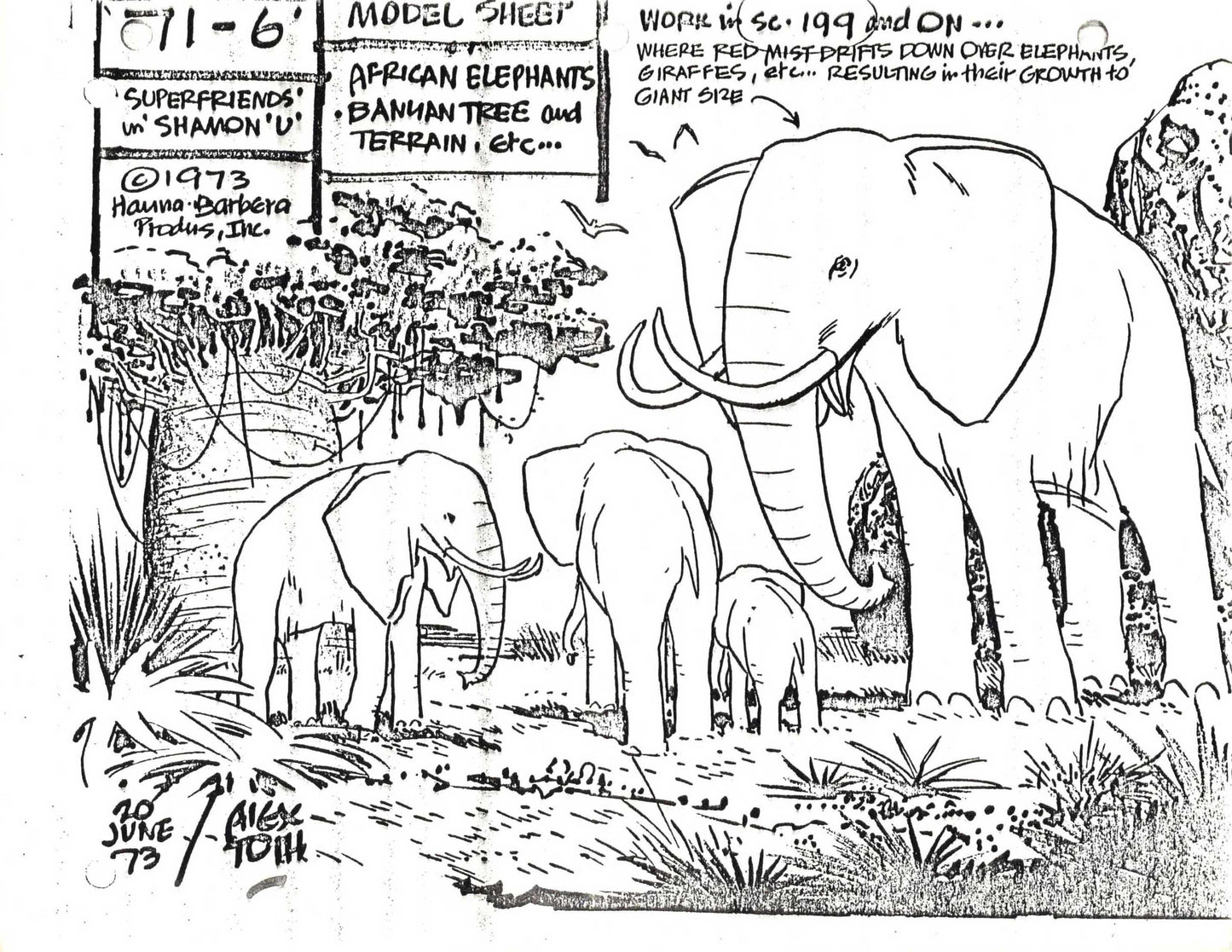 Alex Toth Superfriends 1973 Model Sheet Copy from Hanna Barbera Elephants 38
