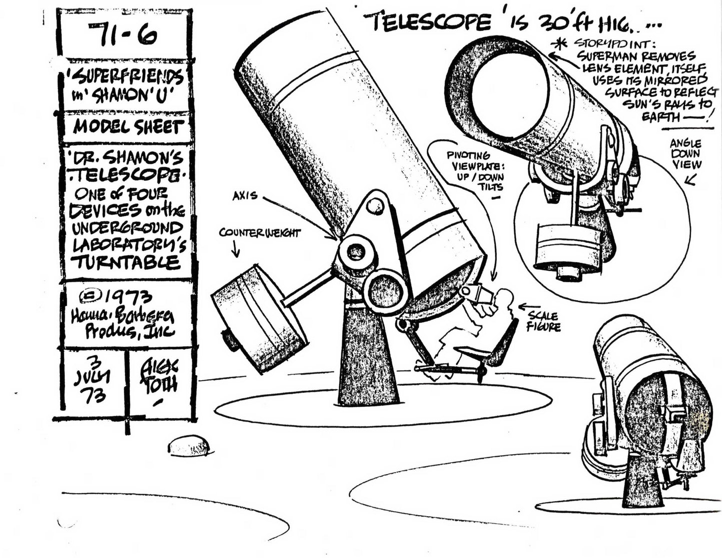 Alex Toth Superfriends 1973 Model Sheet Copy from Hanna Barbera Telescope 42