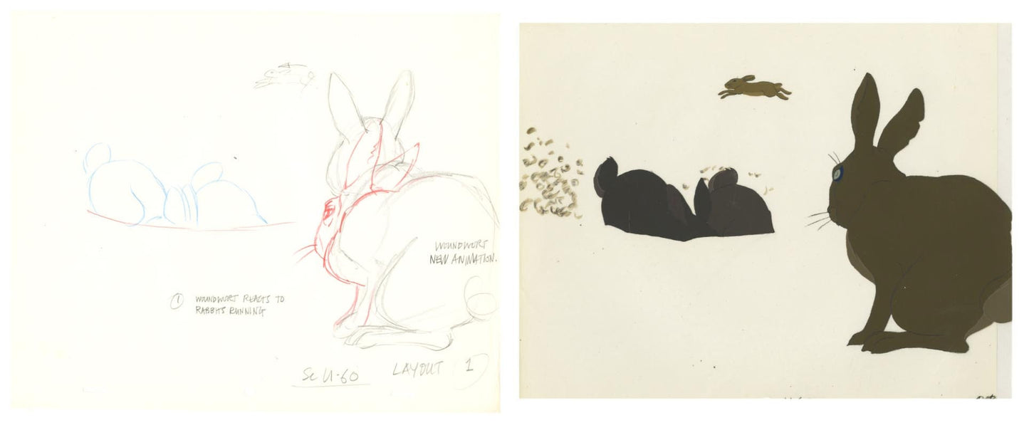 2 lot: Watership Down 1978 production Animation Cel AND Layout Drawing 127-34