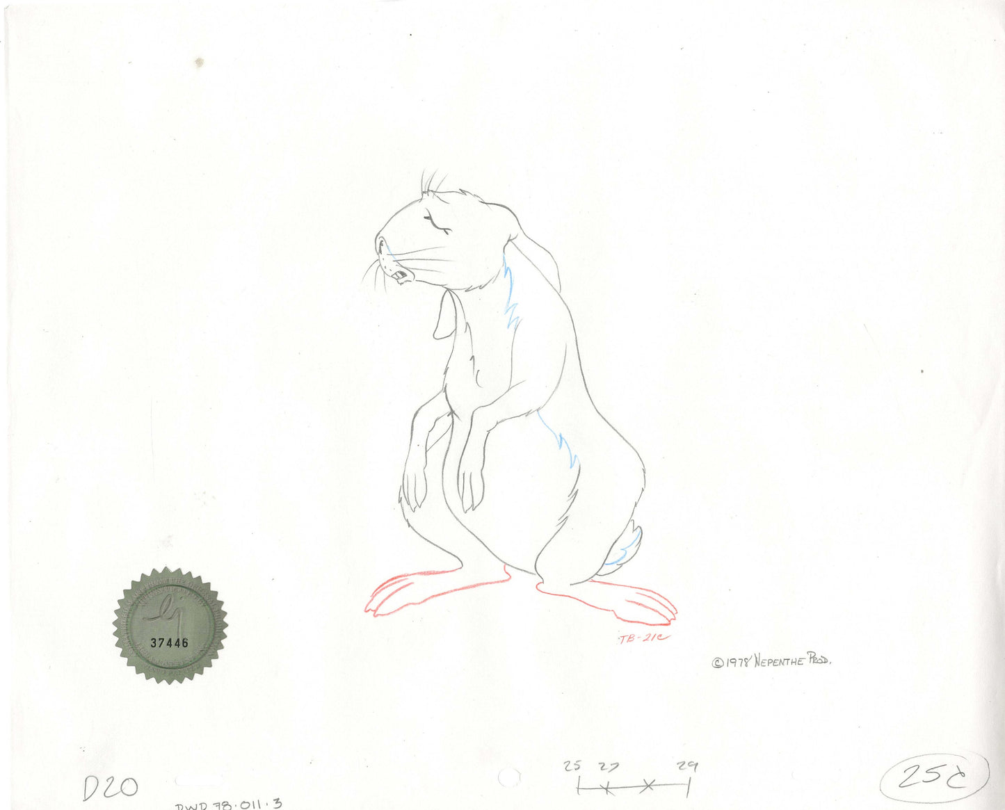 Watership Down 1978 Production Animation Cel Drawing of Cowslip with Linda Jones Enterprise Seal and Certificate of Authenticity 011-003