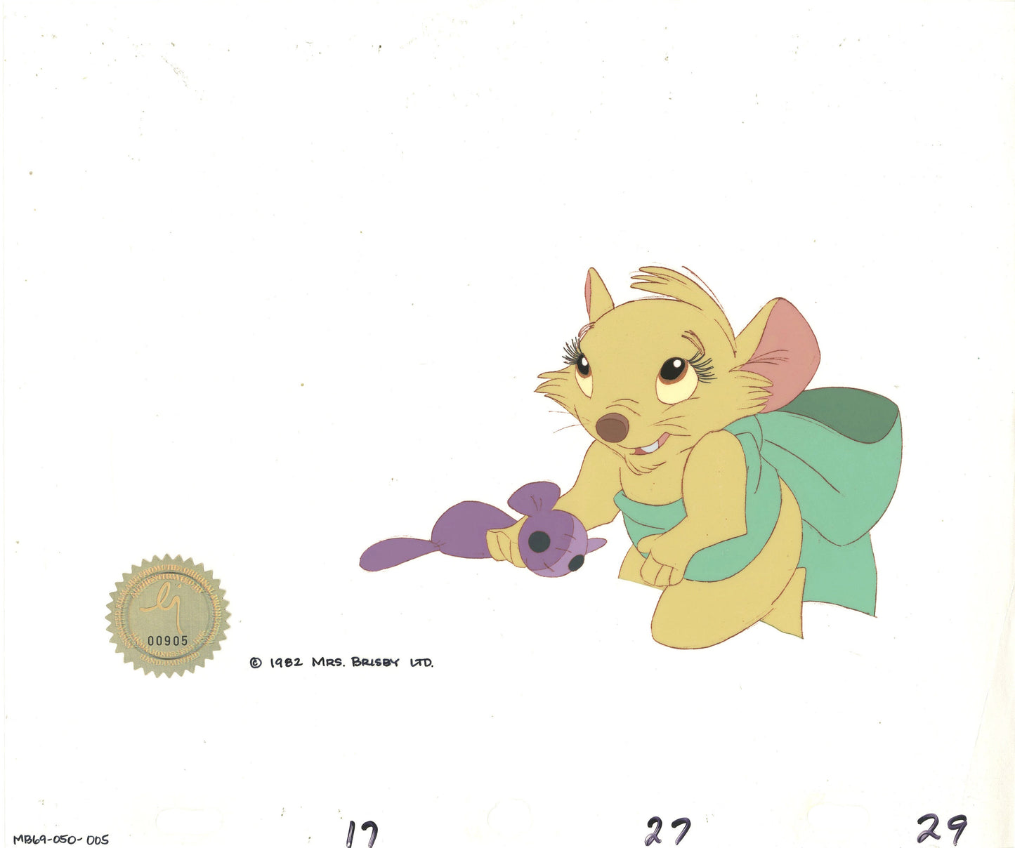 Don Bluth Secret of NIMH Cynthia 1982 Original Production Animation Cel Used to make the cartoon 050-005