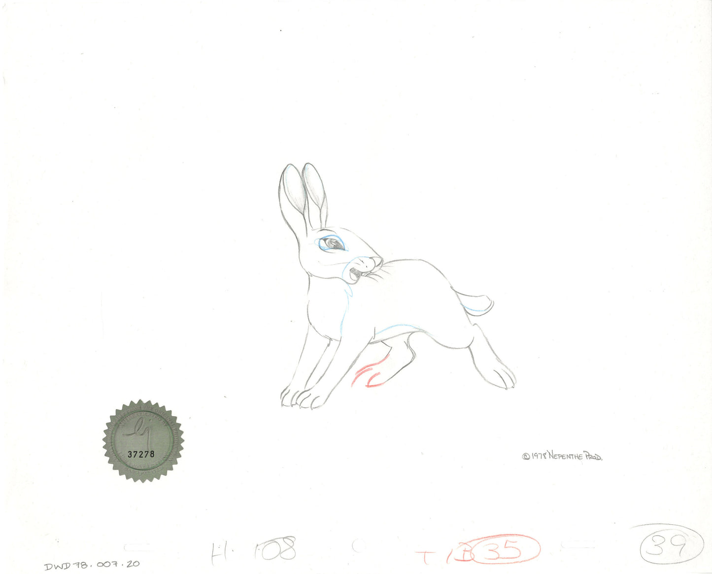 Watership Down 1978 Hazel Production Animation Cel Drawing with Linda Jones Enterprise Seal and Certificate of Authenticity 007-020