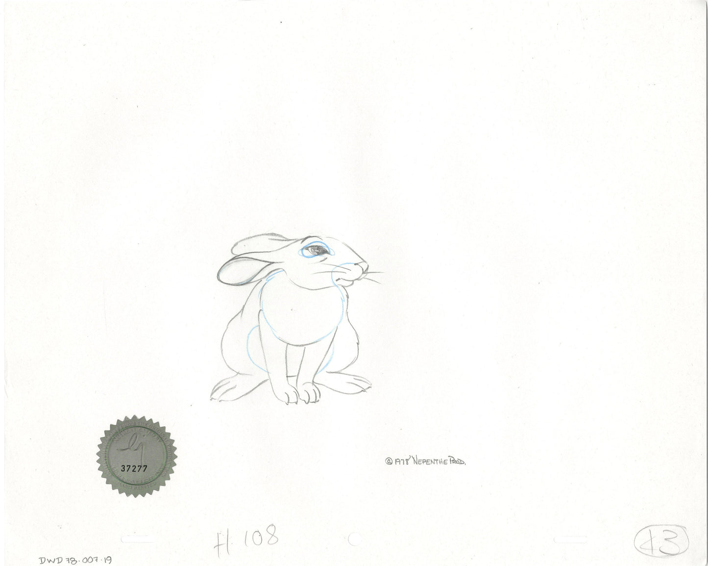 Watership Down 1978 Hazel Production Animation Cel Drawing with Linda Jones Enterprise Seal and Certificate of Authenticity 007-019