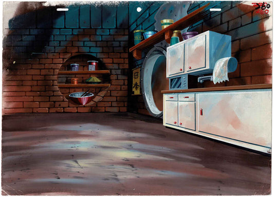 Teenage Mutant Ninja Turtles TMNT Original Production Animation Background from the 1980s cartoon of the Sewer Lair Kitchen