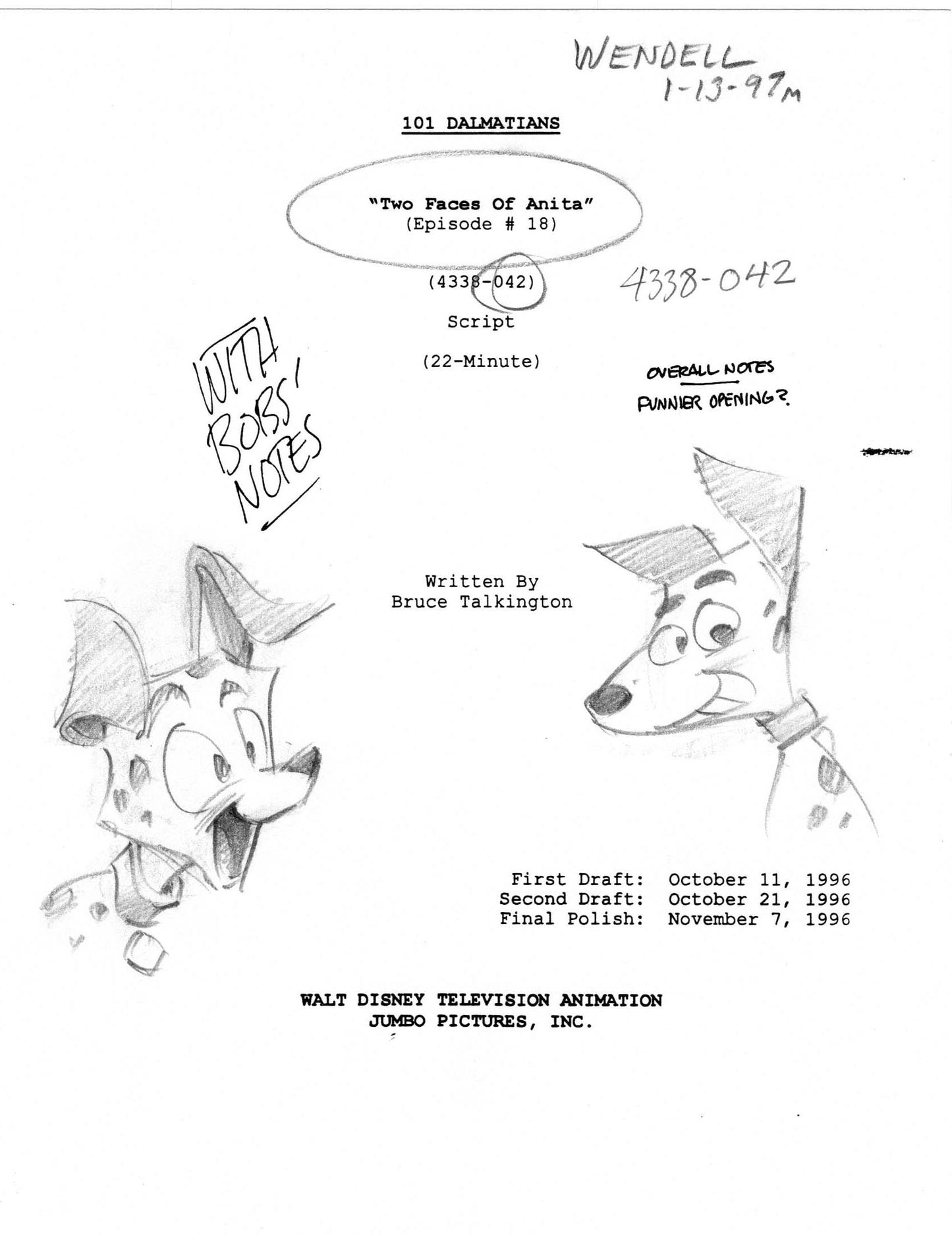 101 DALMATIANS Disney Production Script Copy WITH DRAWINGS from Animator Wendell Washer Estate 1997 a