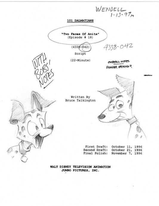 101 DALMATIANS Disney Production Script Copy WITH DRAWINGS from Animator Wendell Washer Estate 1997 a