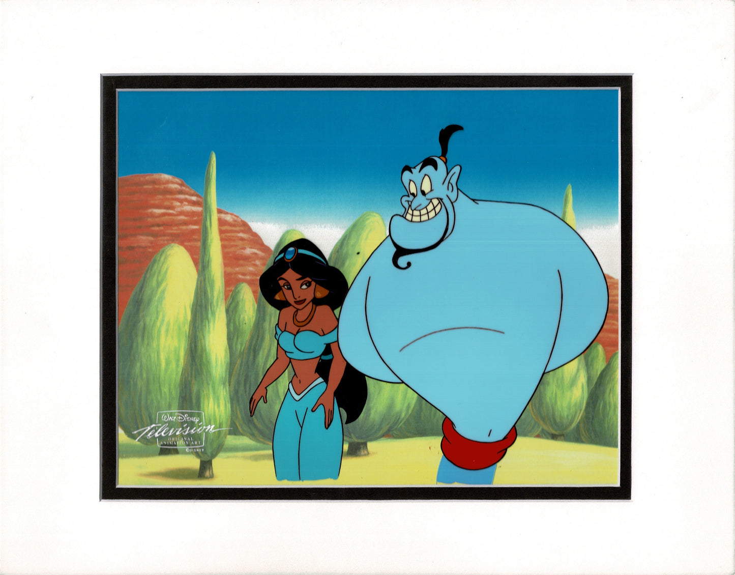 Aladdin Jasmine Genie Walt Disney Cartoon Production Animation Cel and Drawing from 1994 Return of Jafar Matted 13 C-A