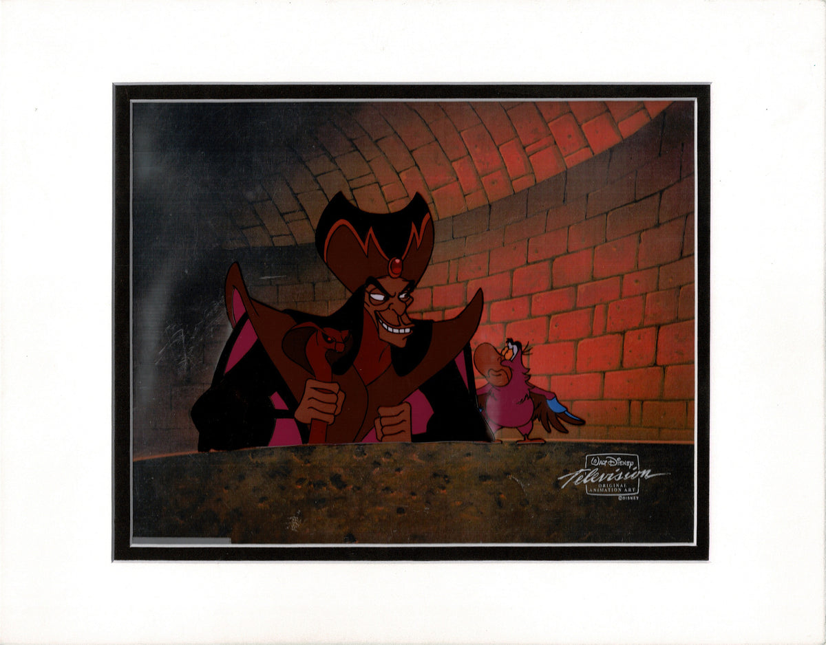 Aladdin Jafar and Iago Walt Disney Cartoon Production Animation Cel and Drawing from 1994 Return of Jafar Matted 14 C-A
