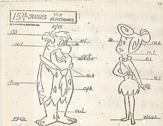 The Flintstones Model Sheet Copy Group of 6 Pages 1978 Production Hanna Barbera featuring Fred Wilma Barney and more