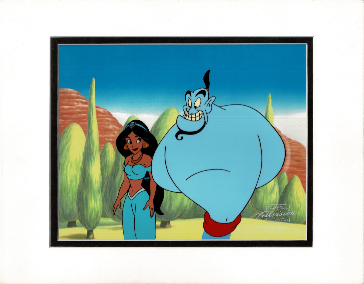 Aladdin The Genie and Jasmine Walt Disney Cartoon Production Animation Cel and Drawing from 1994 Return of Jafar Matted 16 C-A
