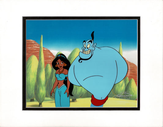 Aladdin The Genie and Jasmine Walt Disney Cartoon Production Animation Cel and Drawing from 1994 Return of Jafar Matted 16 C-A