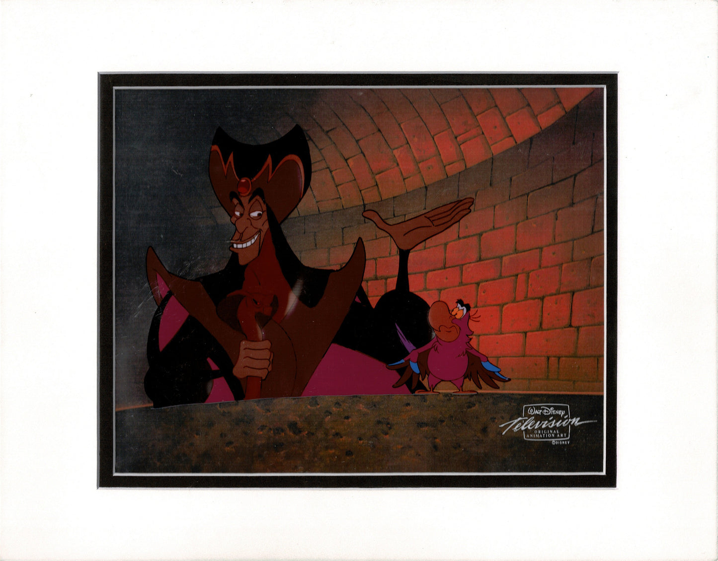 Aladdin Jafar and Iago Walt Disney Cartoon Production Animation Cel and Drawing from 1994 Return of Jafar Matted 17 C-A