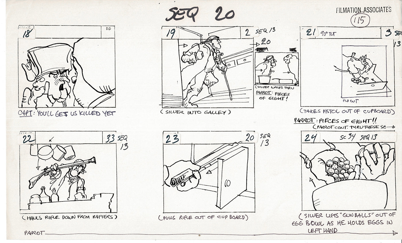 Treasure Island Storyboard Art Cartoon 2 Pages Stevenson Filmation WB 1973 C-17