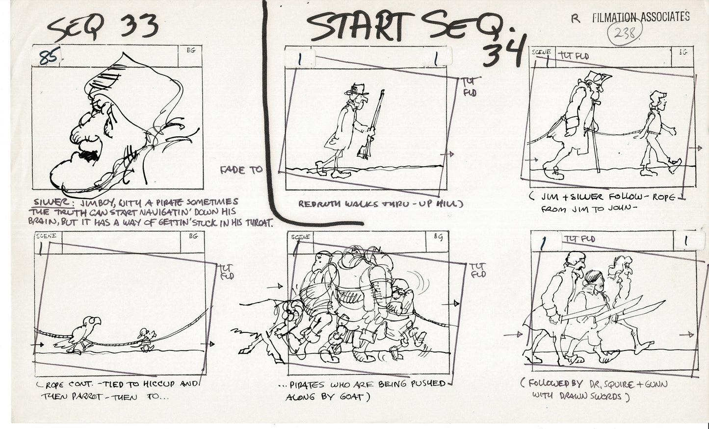 Treasure Island Storyboard Art Cartoon 2 Pages Stevenson Filmation WB 1973 E-19