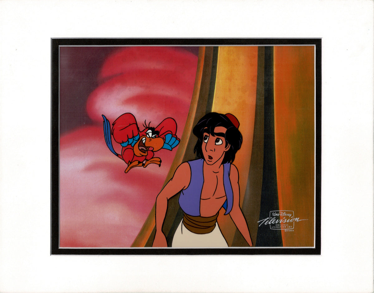 Aladdin Iago Walt Disney Cartoon Production Animation Cel and Drawing from 1994 Return of Jafar Matted 19 C-A