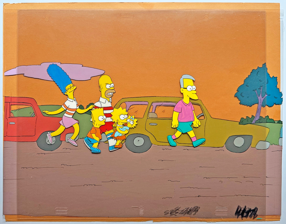 Simpsons Original Production Animation Cel Setup AND BACKGROUND - Homer, Bart, Marge, Maggie and Lisa - 1990