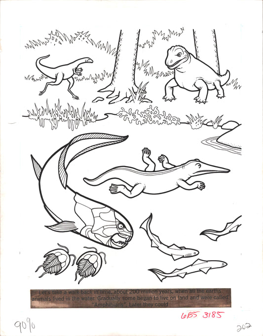 Dinosaurs Coloring Book Page Hand-Inked Illustration Drawing from Stoneway 1990 202