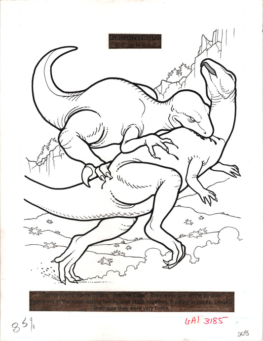 Dinosaurs Coloring Book Page Hand-Inked Illustration Drawing from Stoneway 1990 205