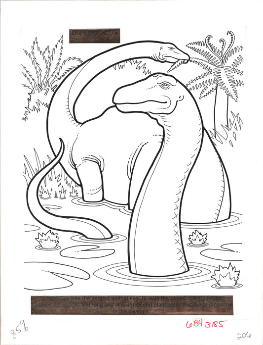 Dinosaurs Coloring Book Page Hand-Inked Illustration Drawing from Stoneway 1990 206