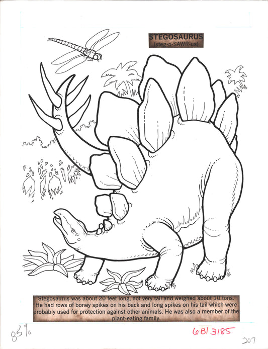 Dinosaurs Coloring Book Page Hand-Inked Illustration Drawing from Stoneway 1990 207