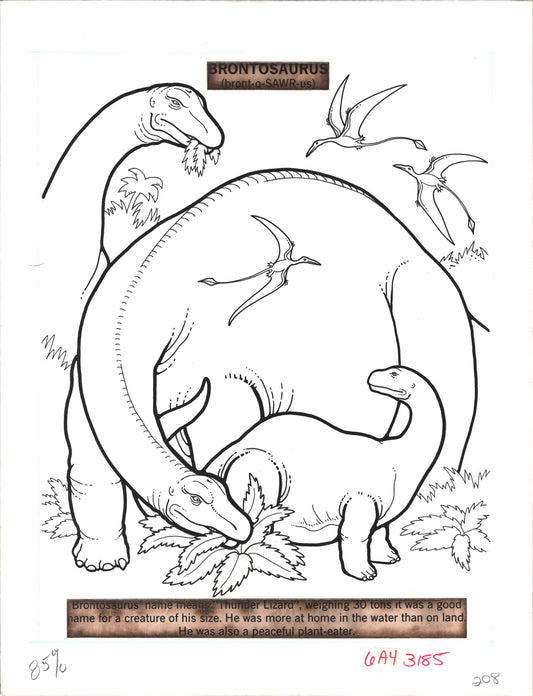 Dinosaurs Coloring Book Page Hand-Inked Illustration Drawing from Stoneway 1990 208