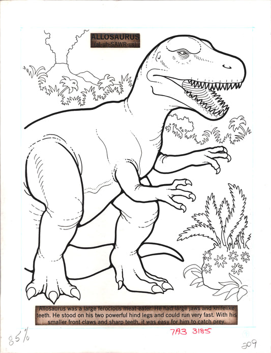 Dinosaurs Coloring Book Page Hand-Inked Illustration Drawing from Stoneway 1990 209