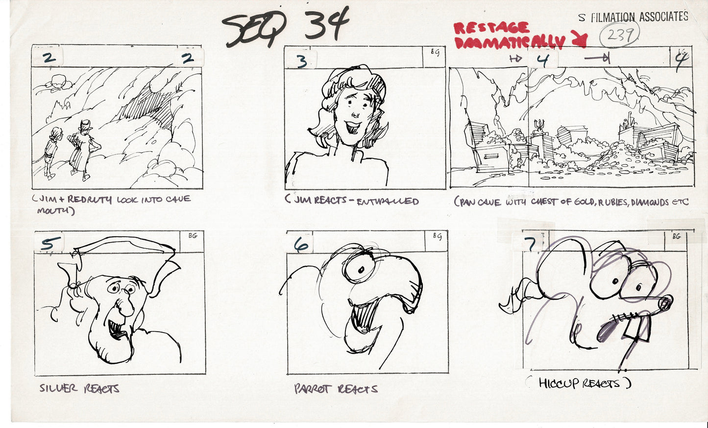 Treasure Island Storyboard Art Cartoon 2 Pages Stevenson Filmation WB 1973 E-19
