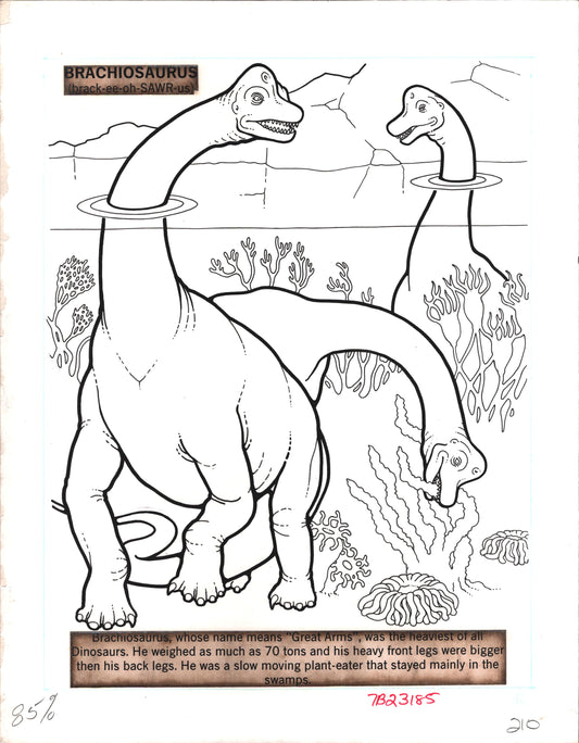 Dinosaurs Coloring Book Page Hand-Inked Illustration Drawing from Stoneway 1990 210
