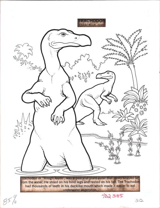 Dinosaurs Coloring Book Page Hand-Inked Illustration Drawing from Stoneway 1990 212