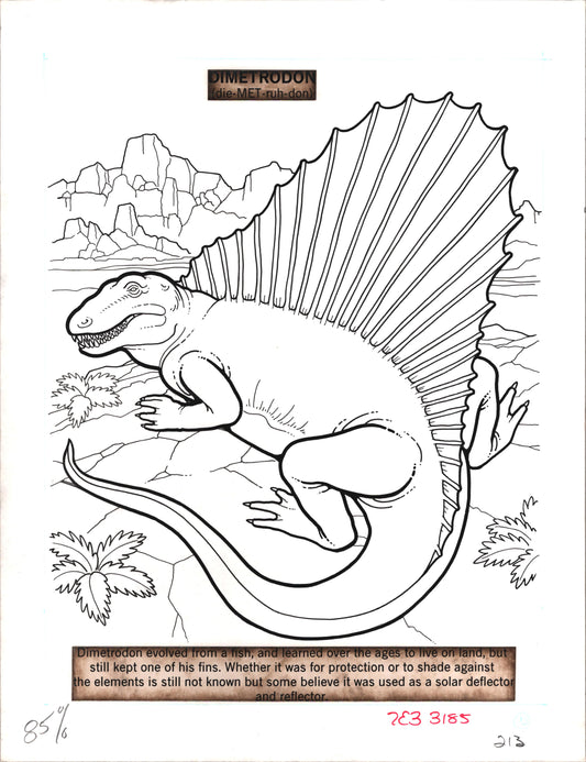 Dinosaurs Coloring Book Page Hand-Inked Illustration Drawing from Stoneway 1990 213
