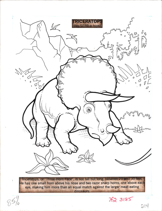 Dinosaurs Coloring Book Page Hand-Inked Illustration Drawing from Stoneway 1990 214