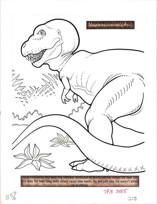 Dinosaurs Coloring Book Page Hand-Inked Illustration Drawing from Stoneway 1990 215