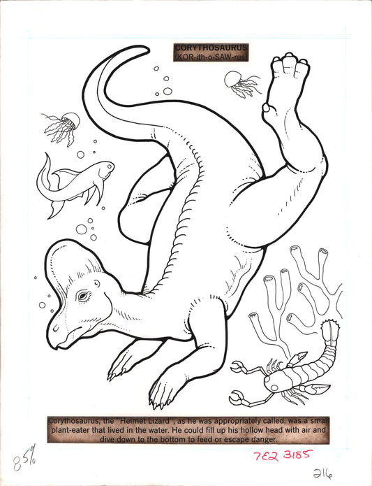 Dinosaurs Coloring Book Page Hand-Inked Illustration Drawing from Stoneway 1990 216