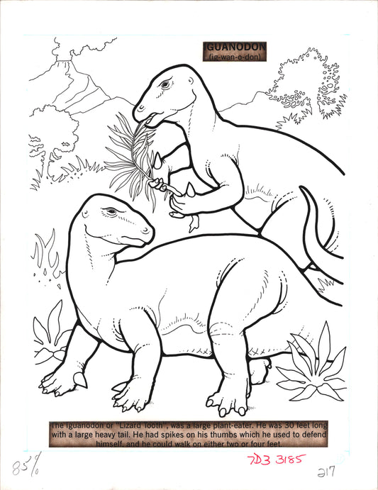 Dinosaurs Coloring Book Page Hand-Inked Illustration Drawing from Stoneway 1990 217