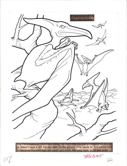 Dinosaurs Coloring Book Page Hand-Inked Illustration Drawing from Stoneway 1990 221