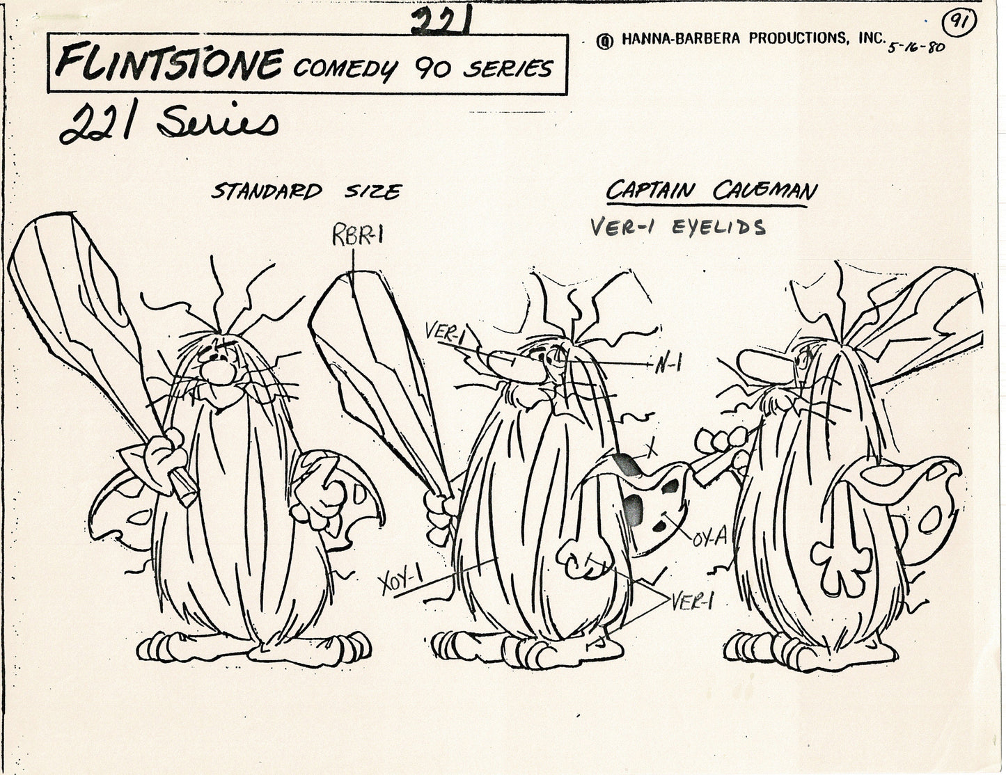 The Flintstones Captain Caveman Model Sheet Copy Group of 5 Pages 1980 Production Hanna Barbera