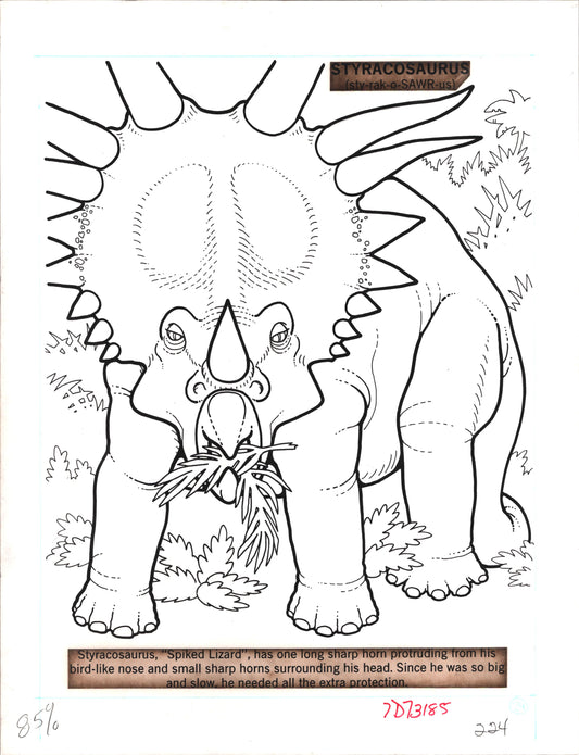 Dinosaurs Coloring Book Page Hand-Inked Illustration Drawing from Stoneway 1990 224