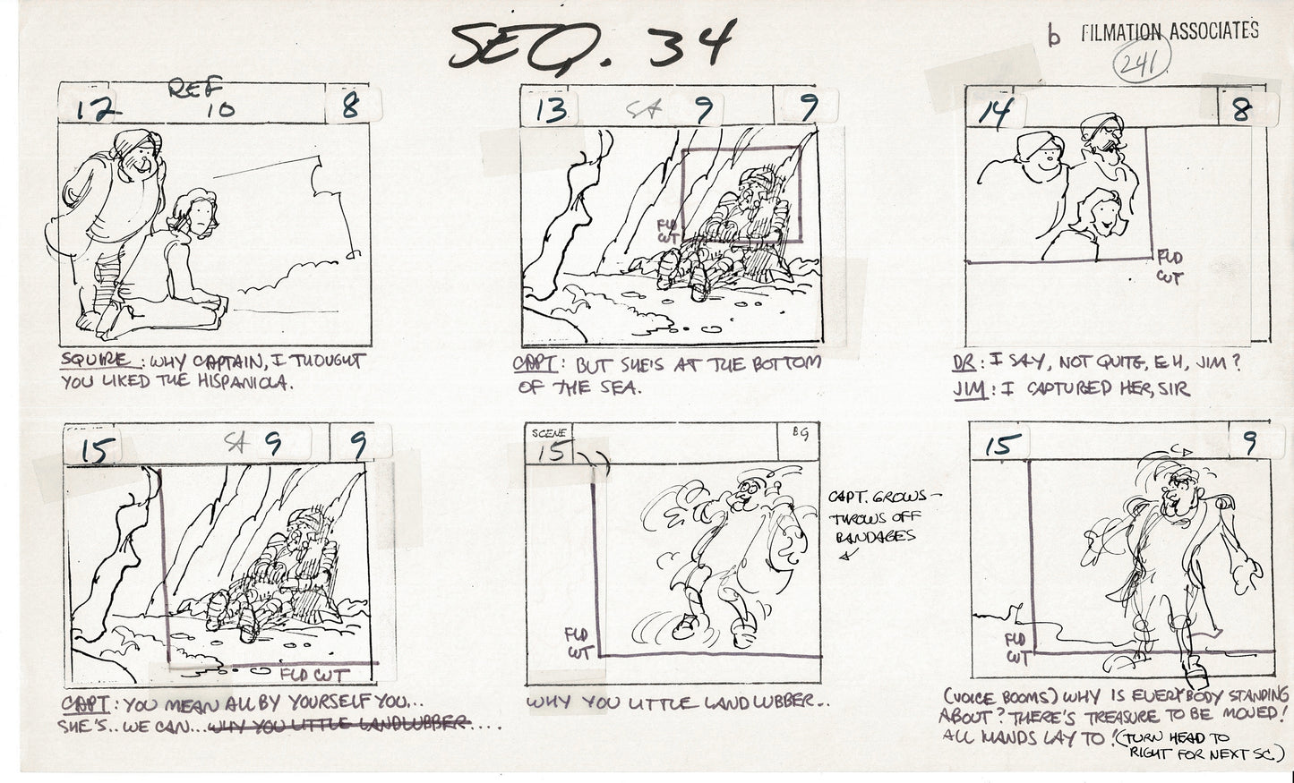 Treasure Island Storyboard Art Cartoon 2 Pages Stevenson Filmation WB 1973 E-21