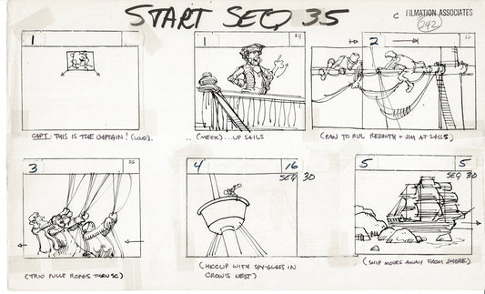 Treasure Island Storyboard Art Cartoon 2 Pages Stevenson Filmation WB 1973 E-23