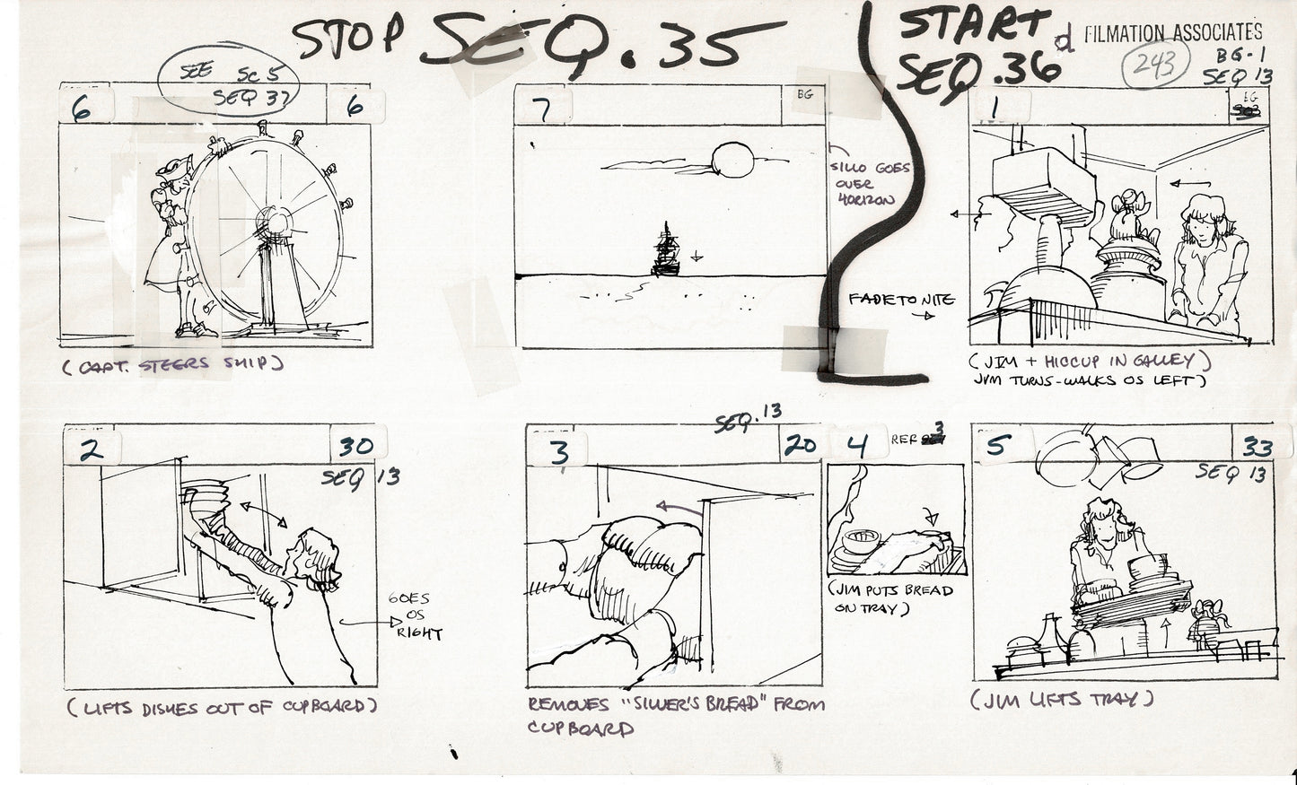 Treasure Island Storyboard Art Cartoon 2 Pages Stevenson Filmation WB 1973 E-23