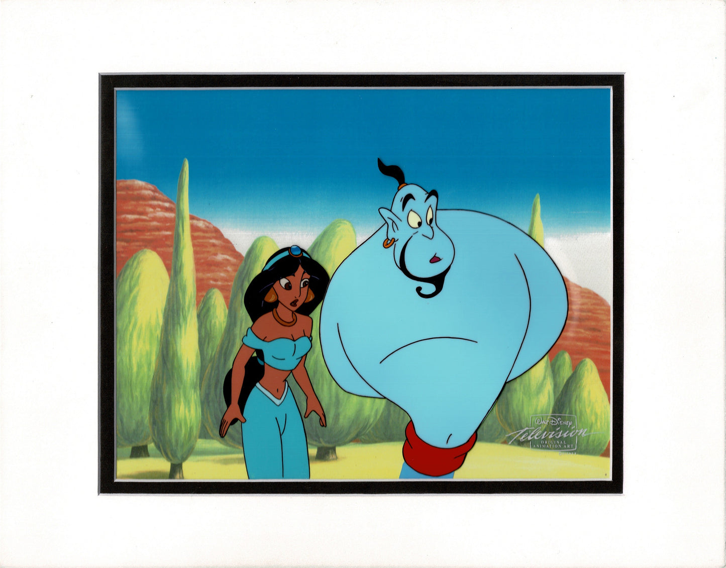 Aladdin The Genie and Jasmine Walt Disney Production Animation Cel and Drawings from 1994 Return of Jafar Framed 2 C-A