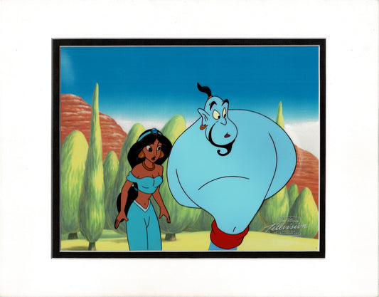 Aladdin The Genie and Jasmine Walt Disney Production Animation Cel and Drawings from 1994 Return of Jafar Framed 2 C-A