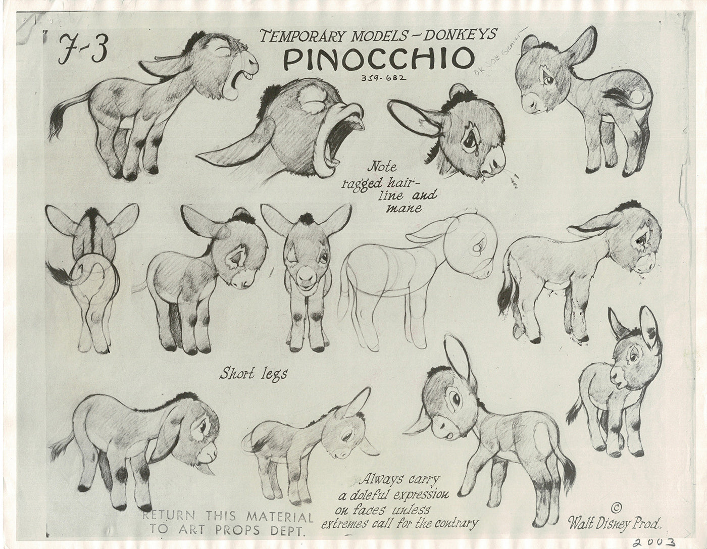 Pinocchio Donkeys Walt Disney Litho Production Animation Model Sheet 1930s M2