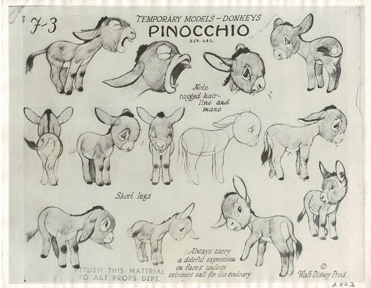 Pinocchio Donkeys Walt Disney Litho Production Animation Model Sheet 1930s M2