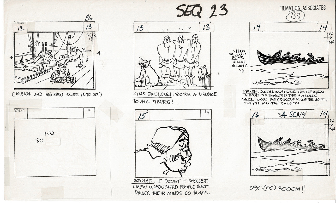 Treasure Island Storyboard Art Cartoon 2 Pages Stevenson Filmation WB 1973 C-35